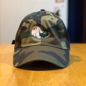 Camouflage Mickey Mouse hand holding money graphic dad hat